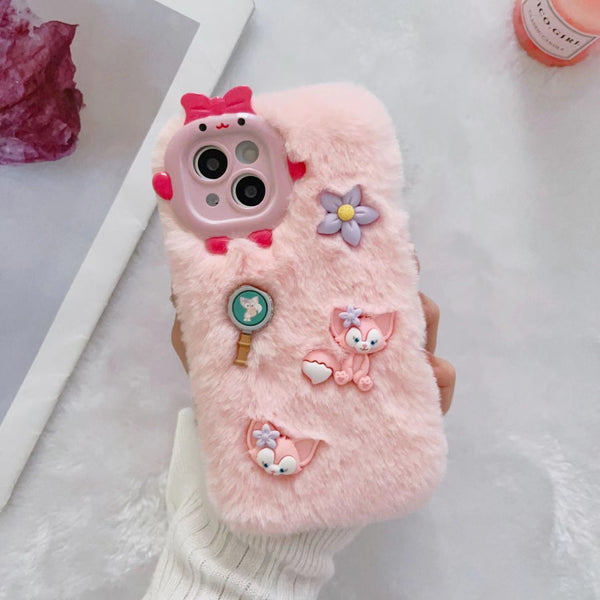 Chubbyjoy Cartoon Stickers Plush Phone Case for Iphone x, xr, 11, 12, 13, 14, pro + max