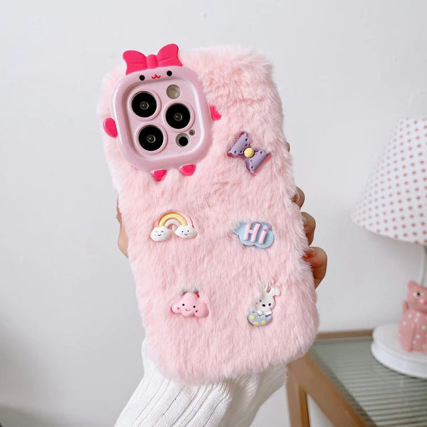 Chubbyjoy Plush Phone Case With Cartoon Stickers for Iphone x, xr, 11, 12, 13, 14, pro + max