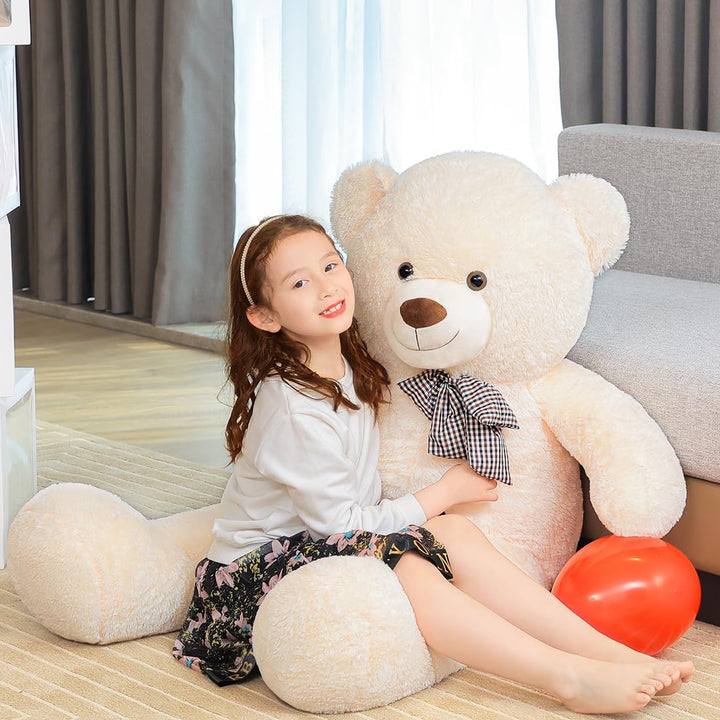 chubbyjoy 1.1m/1.2m/1.4m Giant Teddy Bear with Checkered Tie Cream White